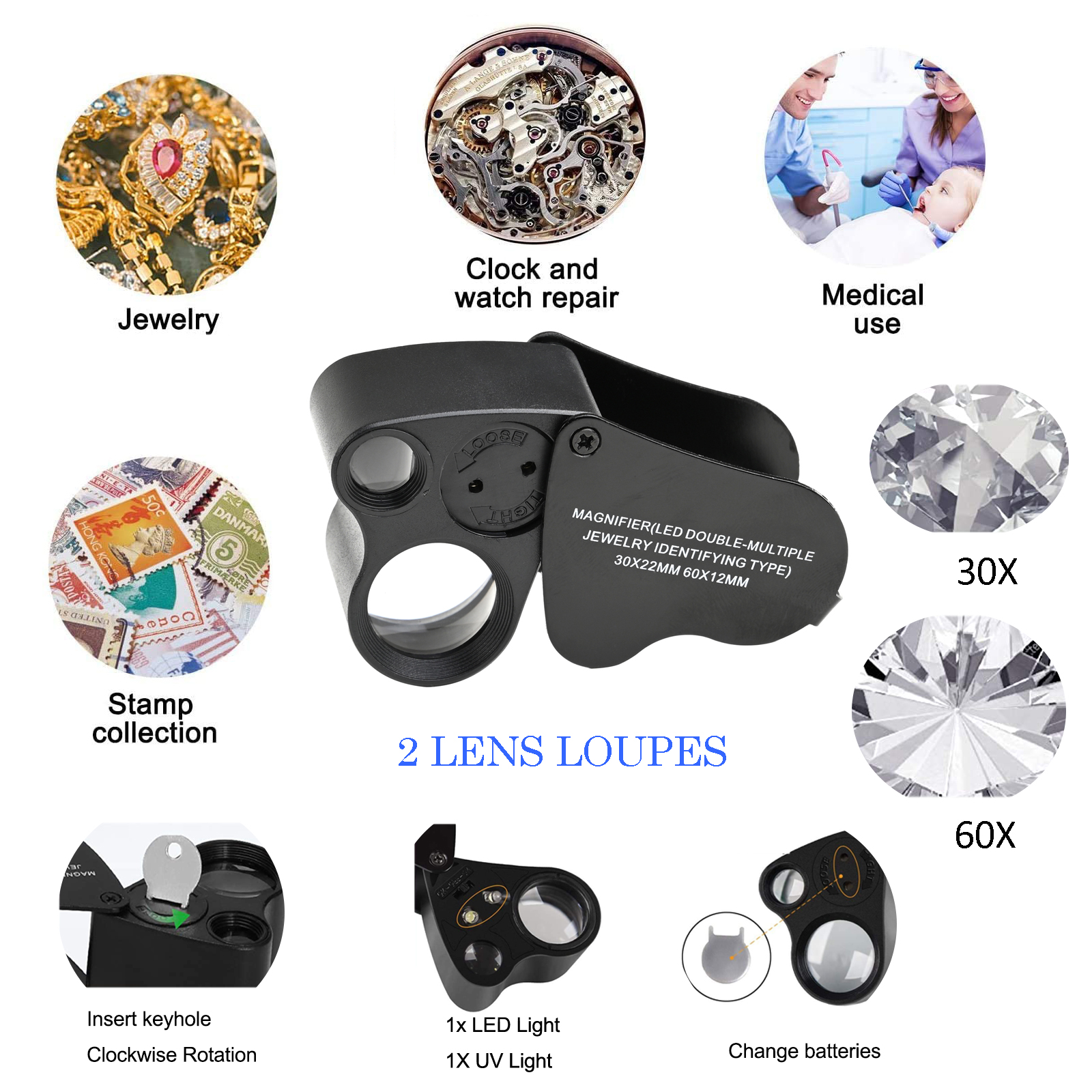 YOCTOSUN 30X 60X 90X Illuminated Jewelry Loupe Magnifier, Foldable Jewelers  Magnifying Glass with UV Light and White LED Lights for Jewelry, Gems,  Coins, Stamps, etc